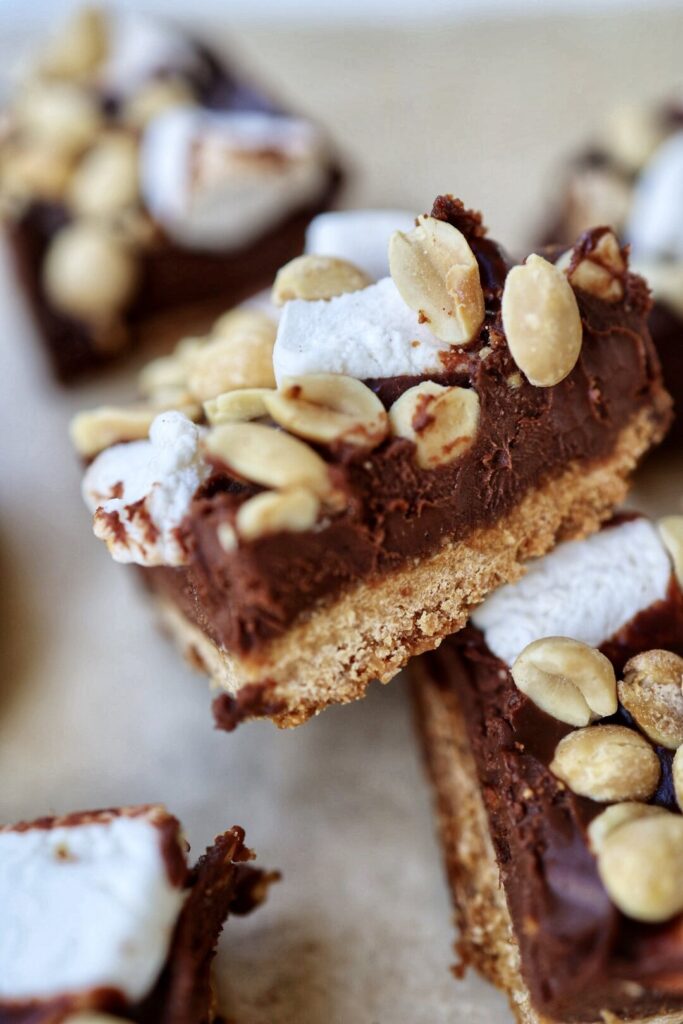 a close up of a peanut butter s'mores bar.