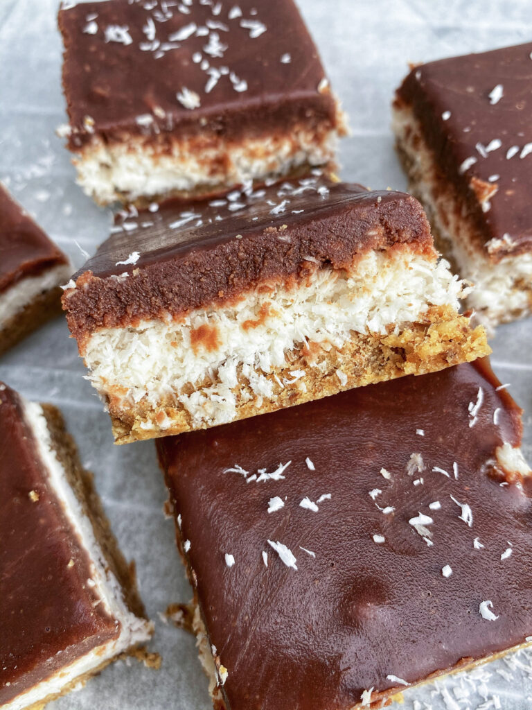 A slice of the almond joy protein bars.
