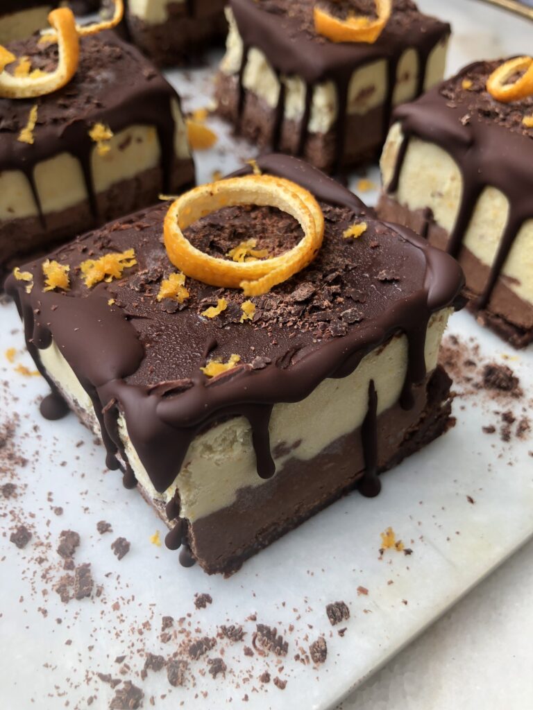 A plate of chocolate orange cheesecakes