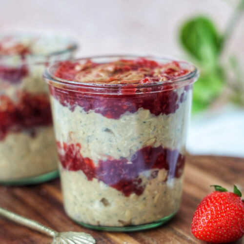 layered peanut butter and jelly chia overnight oats.