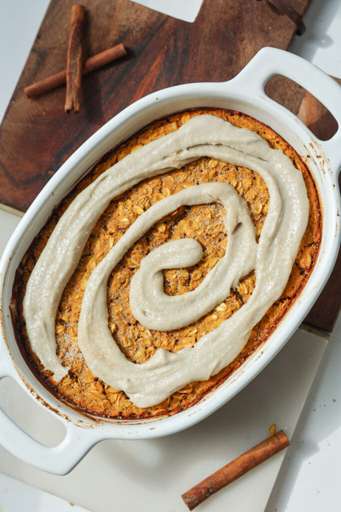 Healthy Baked pumpkin oatmeal in a white tray.
