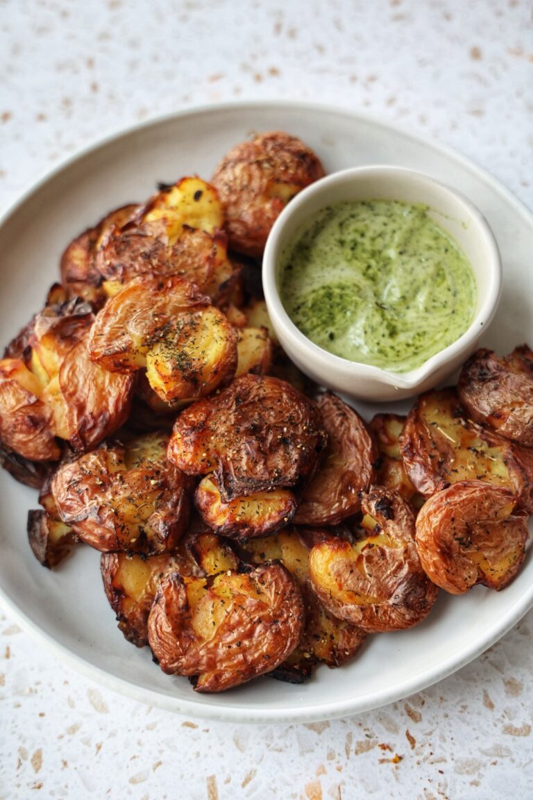 Crispy Garlic Smashed Potatoes With Pesto Aioli