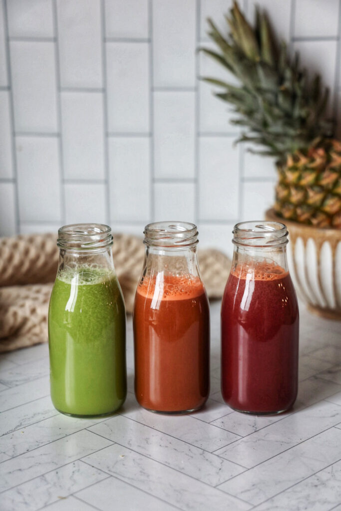 3 juices in bottles (a green juice, beet juice, and orange juice).
