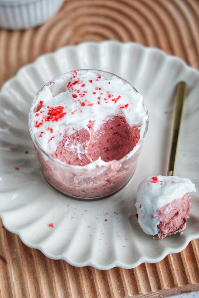 A bite of the strawberry mousse. 