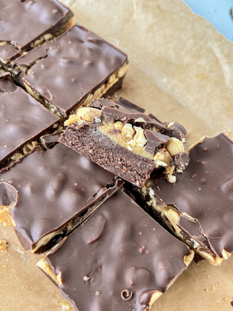 A tray of snickers brownies.