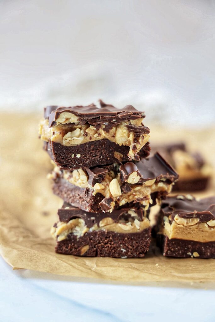 A stack of snickers protein brownies.