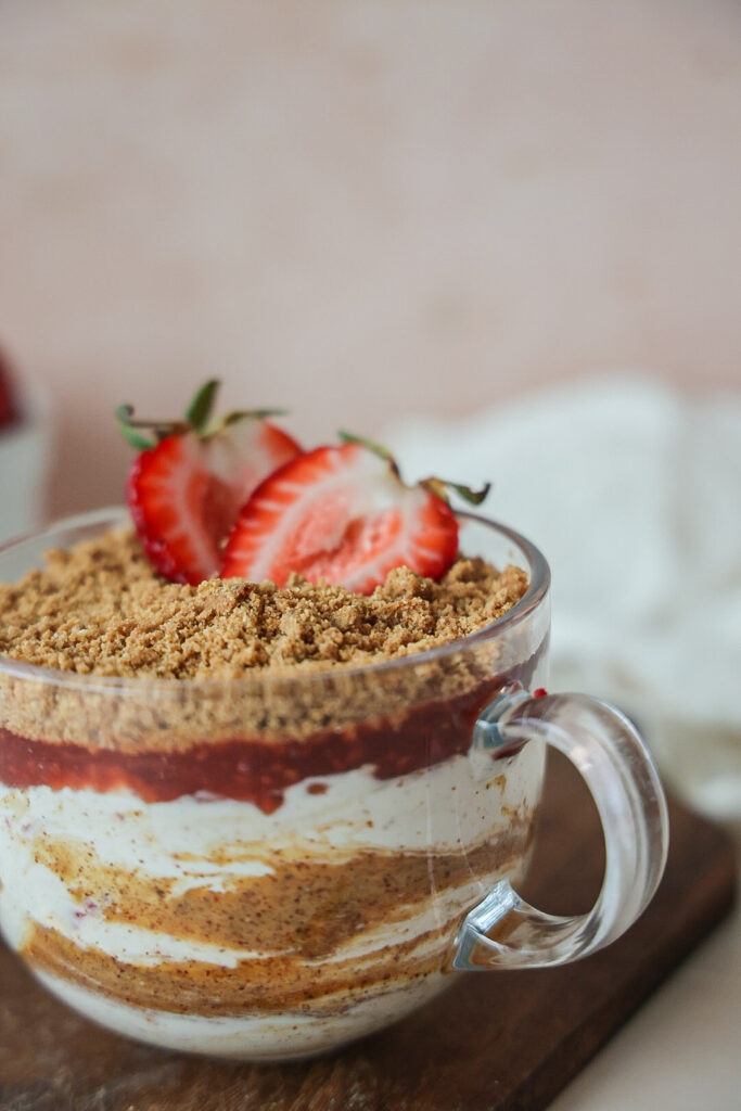 A vegan strawberry cheesecake parfait.