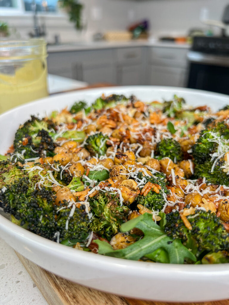 roasted broccoli miso caesar salad with crispy rice