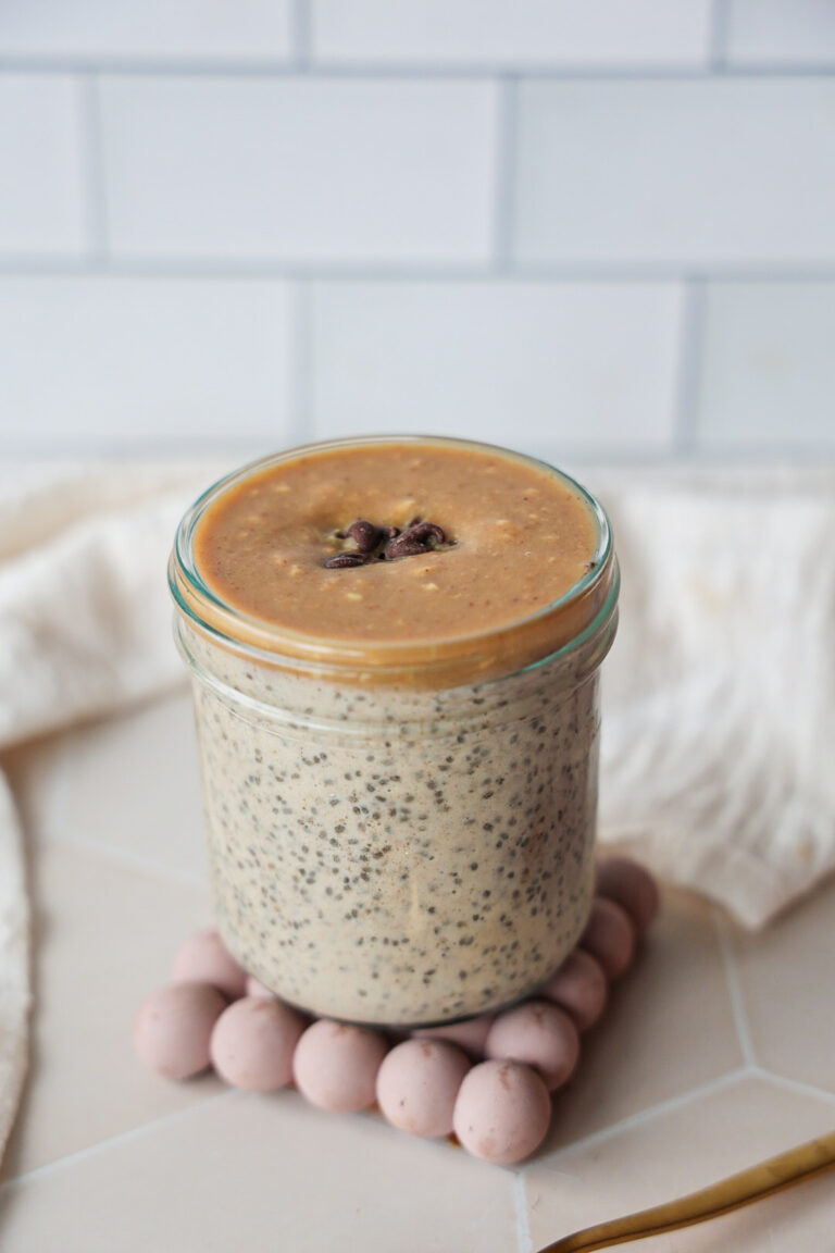 Creamy chia seed pudding with peanut butter magic shell