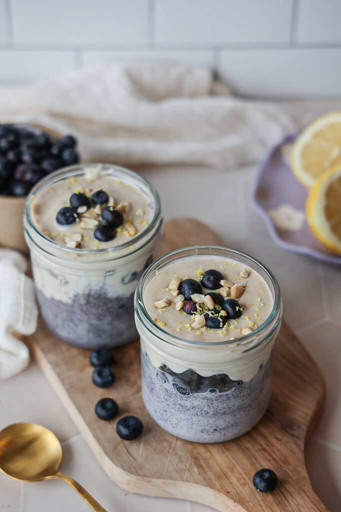 12 vegan high protein snack ideas that are easy: lemon blueberry chia pudding with yogurt.