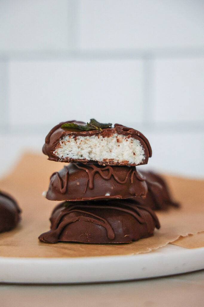 A stack of Homemade healthy vegan peppermint patties!