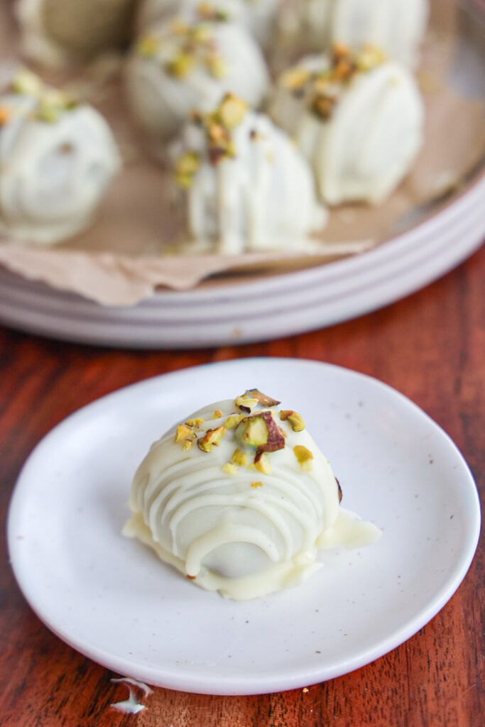 Protein energy balls with matcha, white chocolate, and pistachios