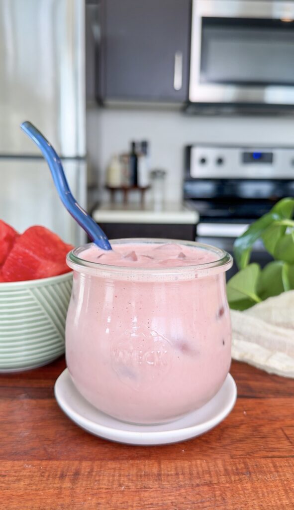 strawberry watermelon protein yogurt smoothie.