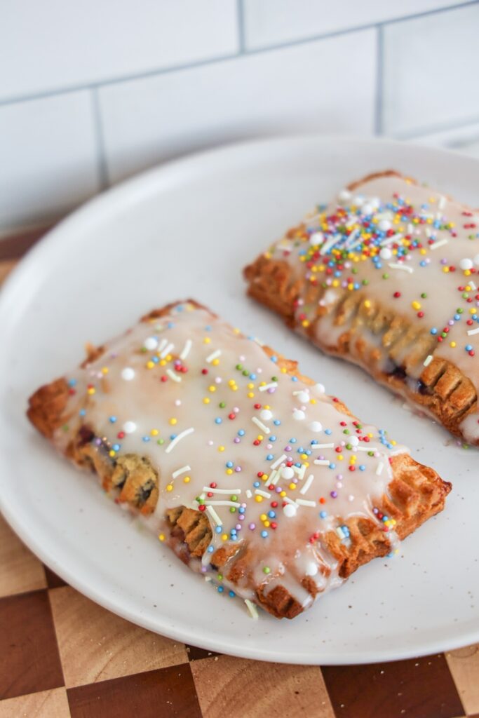 Homemade gluten & dairy-free frosted blueberry pop-tarts.