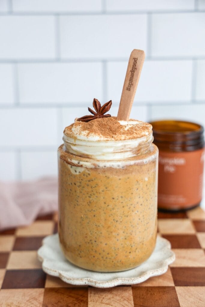 Pumpkin gingerbread chia seed pudding made with yogurt and protein powder.