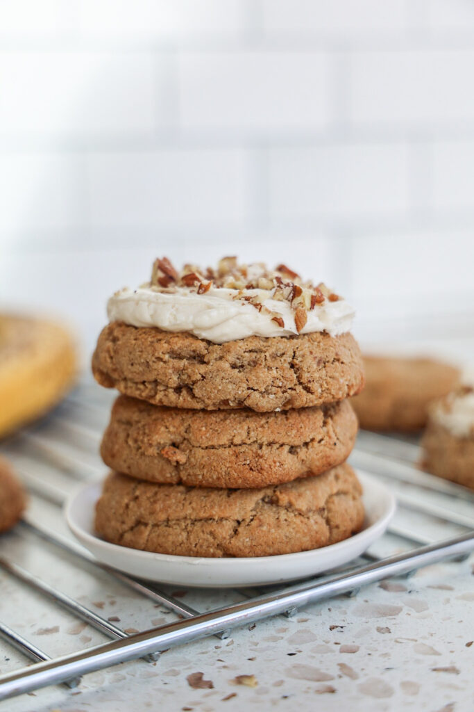 A stack of paleo, gluten-free, refined sugar-free banana pudding cookies.