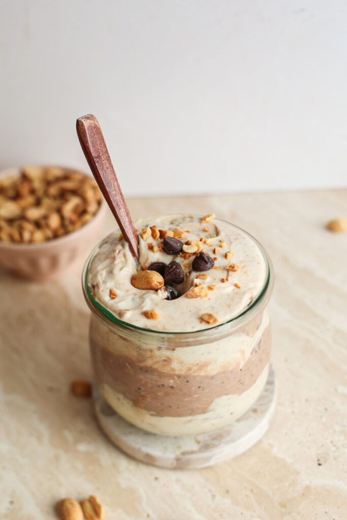 chocolate peanut butter overnight oats with protein powder and yogurt.