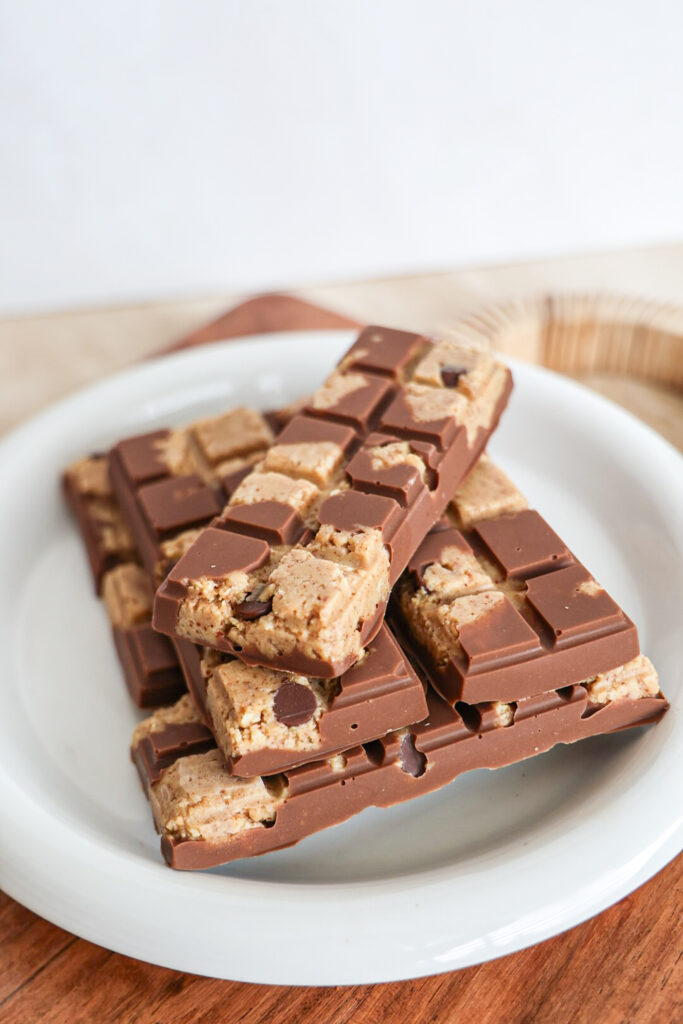 A plate of collagen cookie dough chocolate bars.