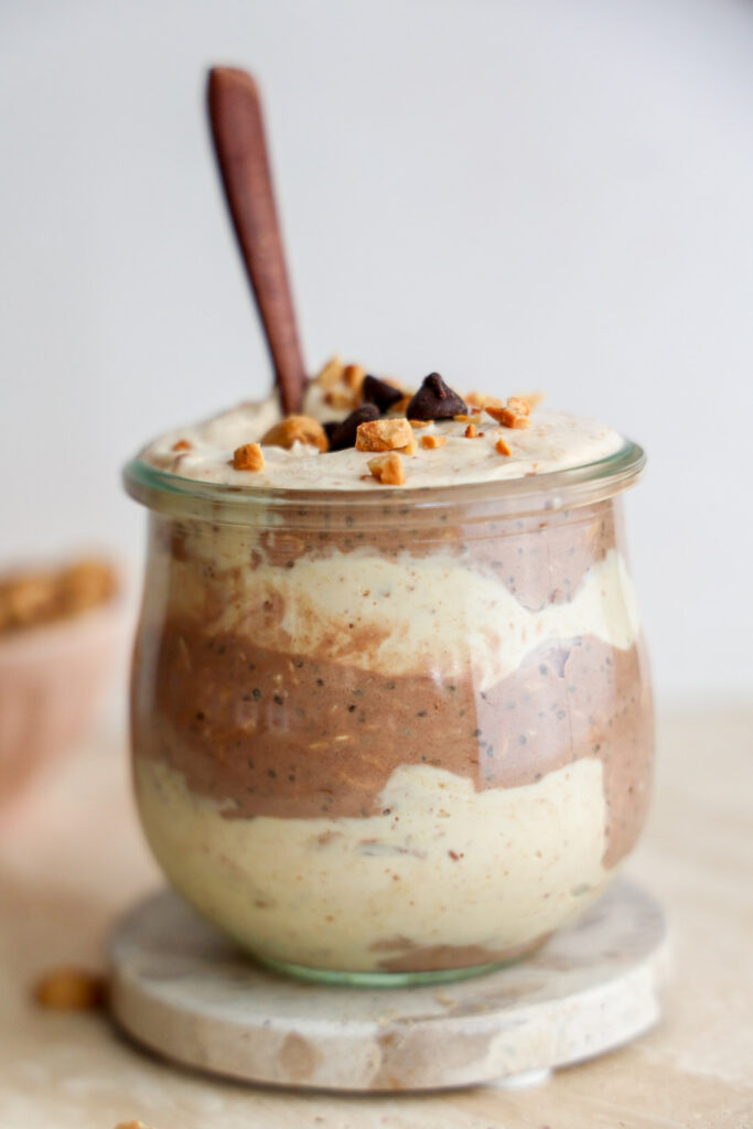 A jar of peanut butter chocolate overnight oats.