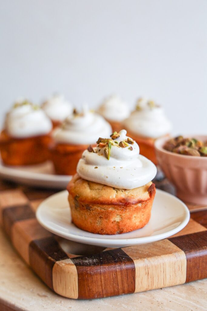 White Chocolate Pistachio Cottage cheese Protein muffins with marshmallow topping.