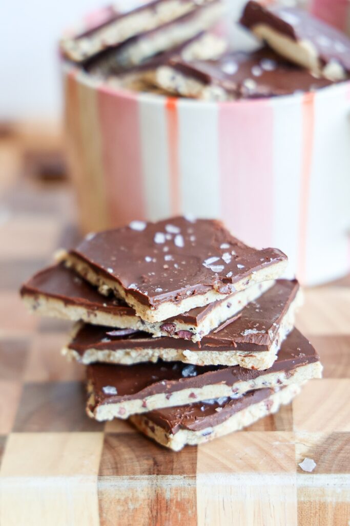 healthy protein cookie dough bark with chocolate chips.