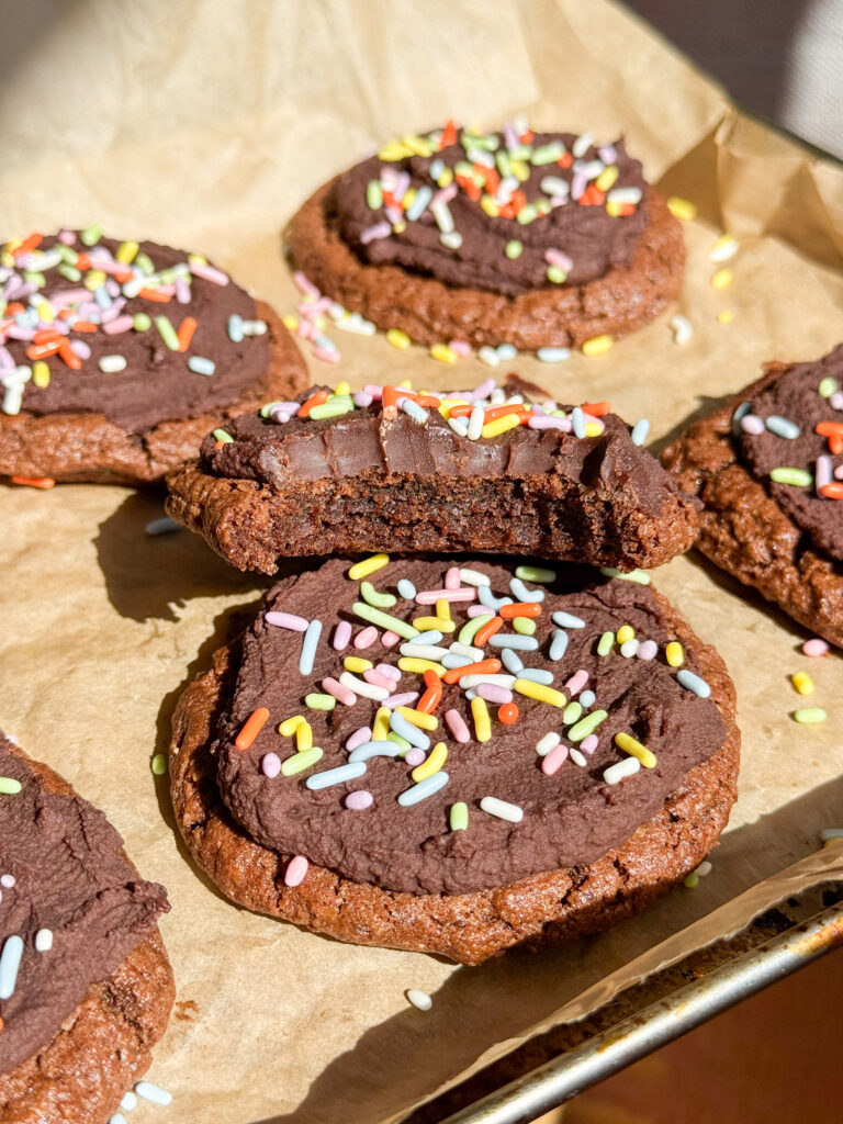 Gluten-free, paleo, crumbl copycat galaxy cosmic brownie cookies.