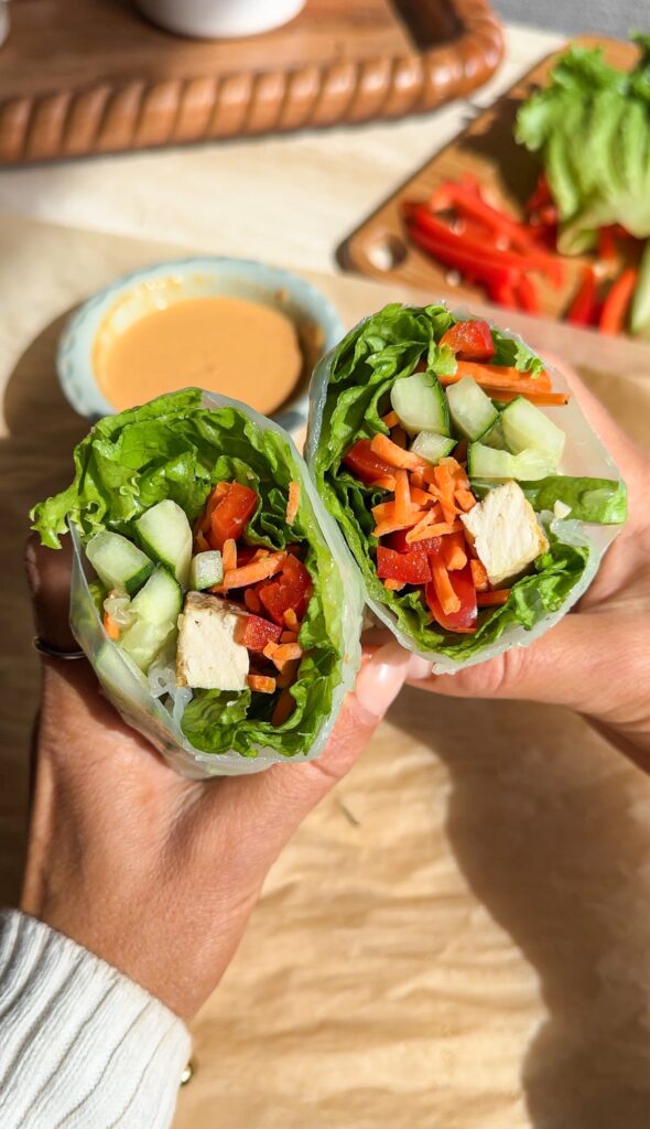 giant spring roll with harissa peanut dipping sauce.